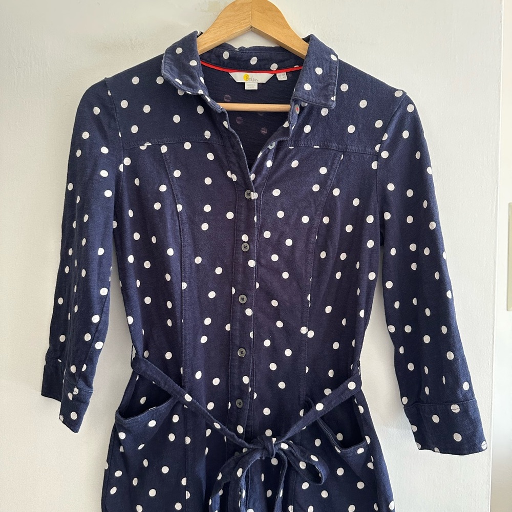 Boden Navy/ White Polka Dot Cotton 3/4 Sleeve Collared Mini Dress size 4R EUC - Picture 4 of 6